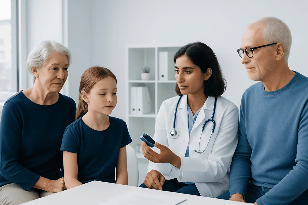Doctor explaining health info to family in a clinic setting.