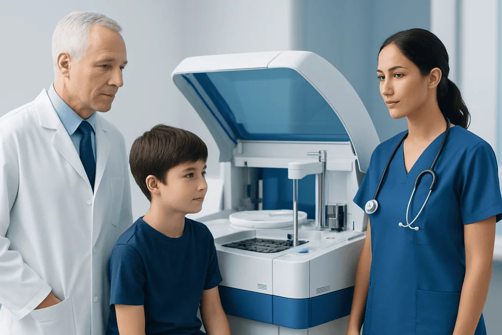 Doctor and nurse with a young boy at a medical testing device in a hospital.