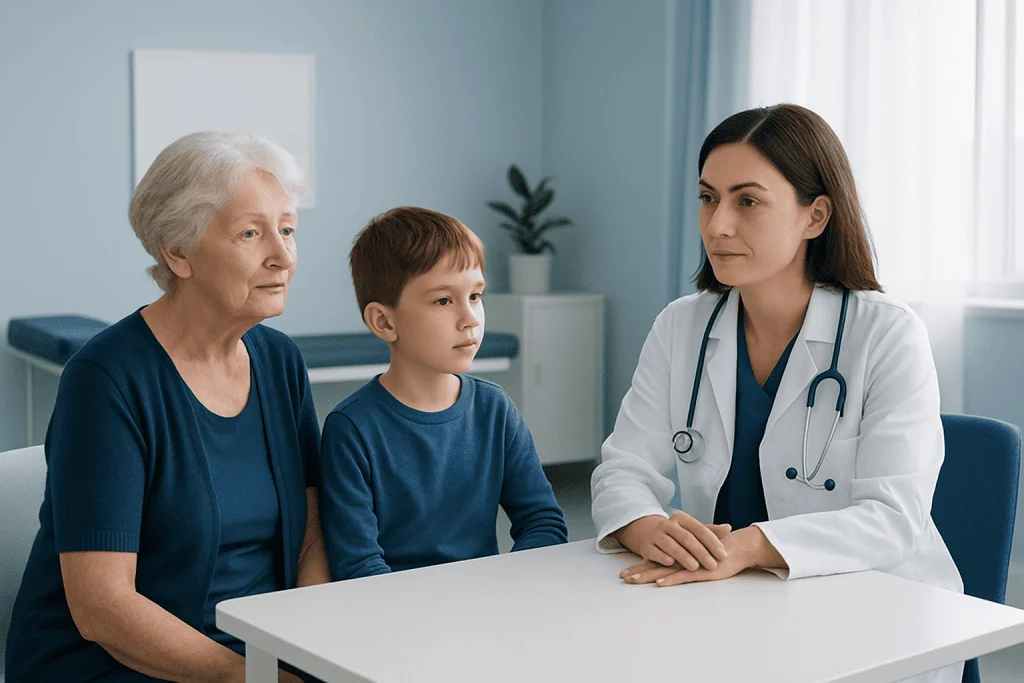 Doctor consulting with elderly woman and young boy at hospital.