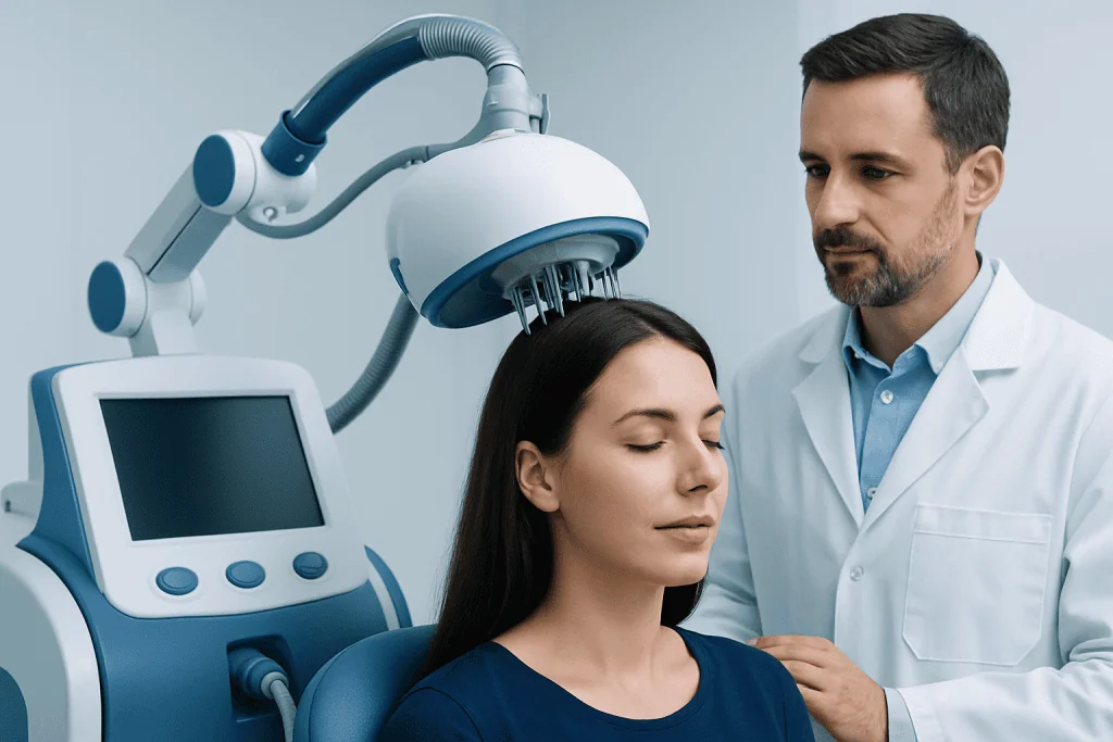 Medical professional performs skin treatment on a woman in a clinical setting.