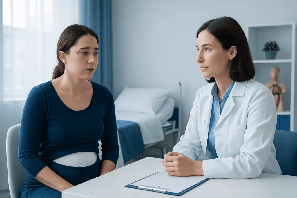Patient consulting doctor about post-surgery warning signs in a hospital room.