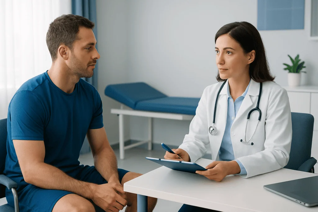 Doctor consulting with a male patient in a medical office setting.