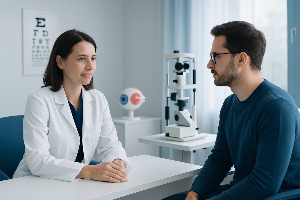 Eye doctor consulting with patient in a modern clinic setting.