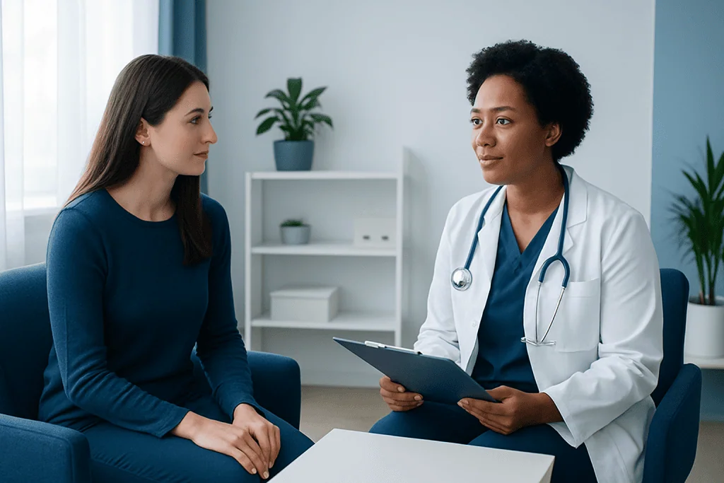 Doctor consulting with a patient in a modern clinic setting.
