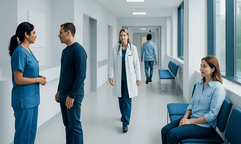 Medical staff and patients in a hospital corridor at Acibadem Hospitals Group.