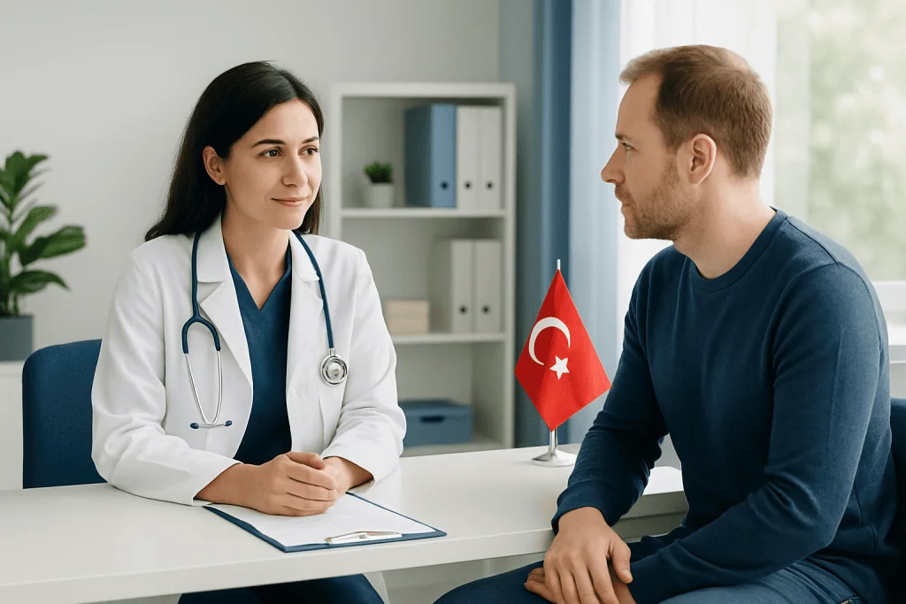Doctor consulting with patient at Acibadem Hospital in Turkey.