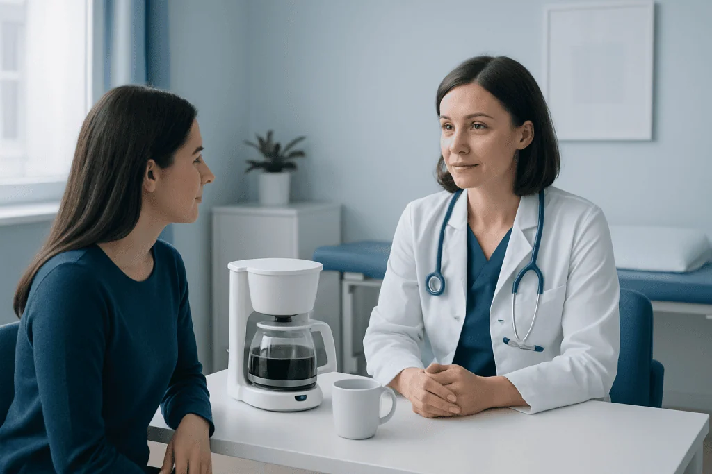 Doctor consulting a patient in a medical office with coffee on the table.