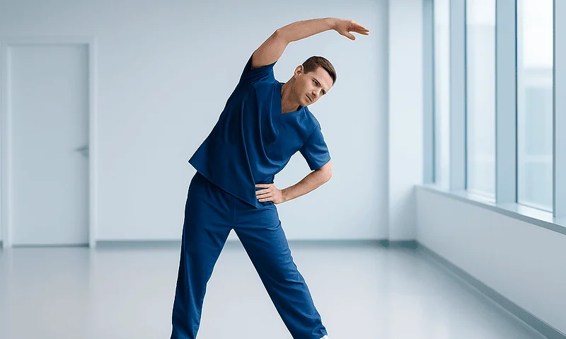 Male doctor stretching in a modern hospital corridor.