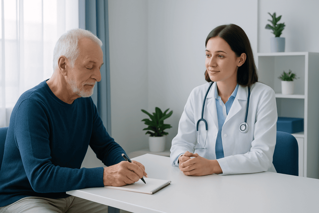 Doctor consulting with elderly patient in a medical office at Acibadem Hospitals Group.