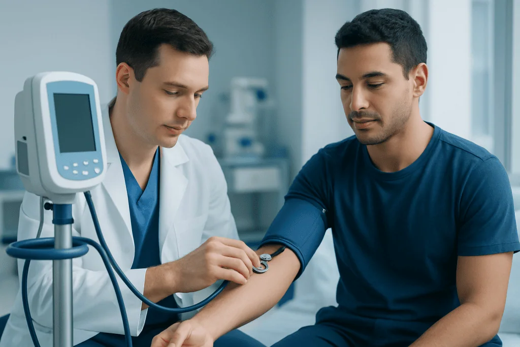 Doctor measuring patient's blood pressure in a clinical setting.