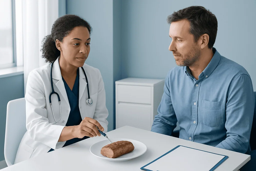 Doctor explaining pork tenderloin cooking temperature to patient.