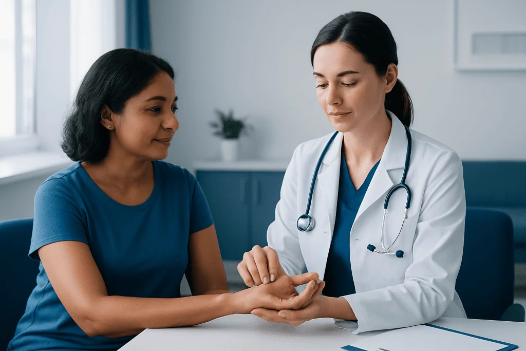 Doctor checking patient's pulse in a medical consultation room.