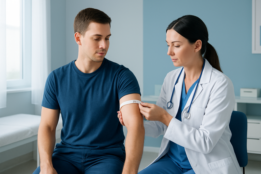 Doctor measuring male patient's arm at a medical clinic.