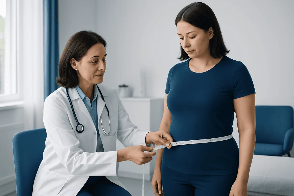 Doctor measuring woman's waist for health assessment at clinic.