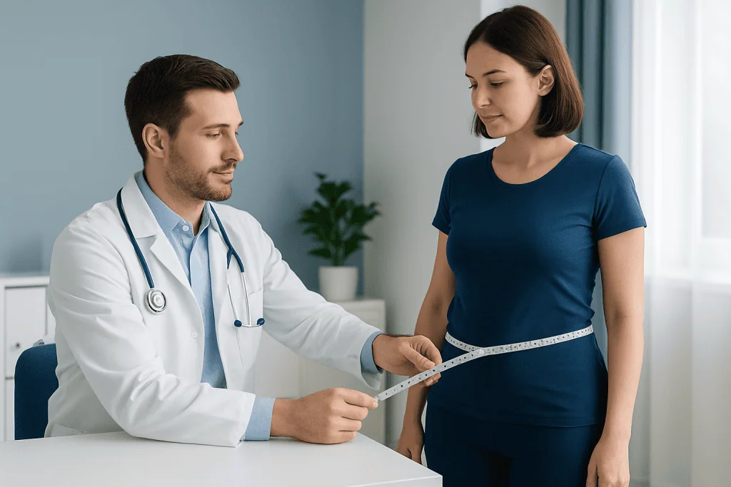 Doctor measuring woman's waist for health assessment at Acibadem Hospital.