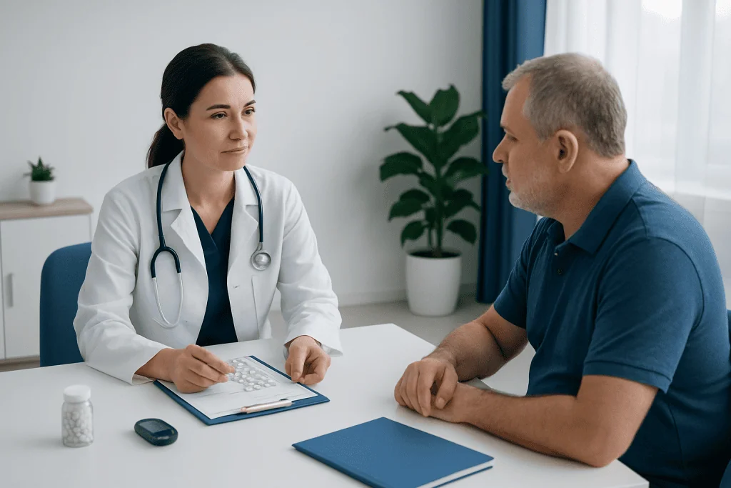 Doctor consulting with a patient in a modern clinic setting.