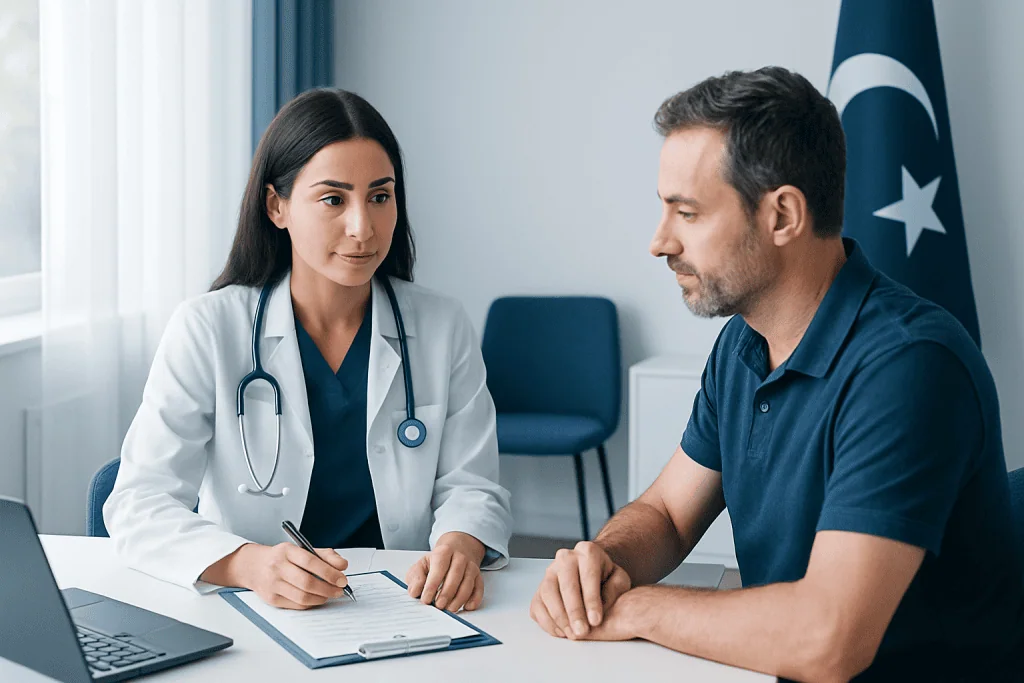 Doctor consulting with patient in a medical office in Turkey.