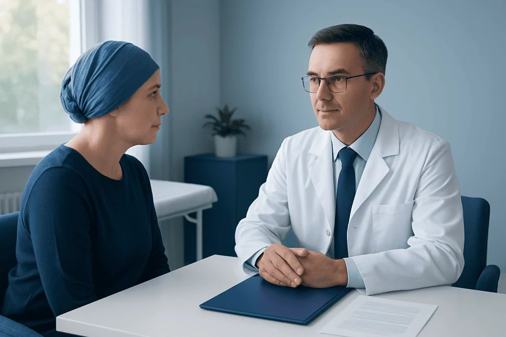 Doctor consulting with a female patient in a medical office.
