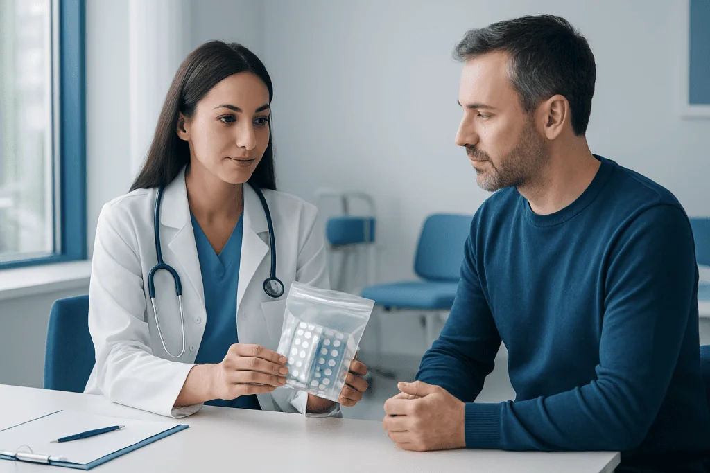 Doctor explaining medication to patient in a clinic setting.