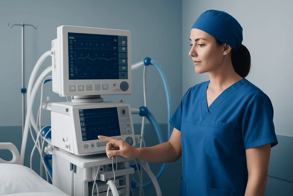 Healthcare professional monitoring patient vital signs with medical equipment.