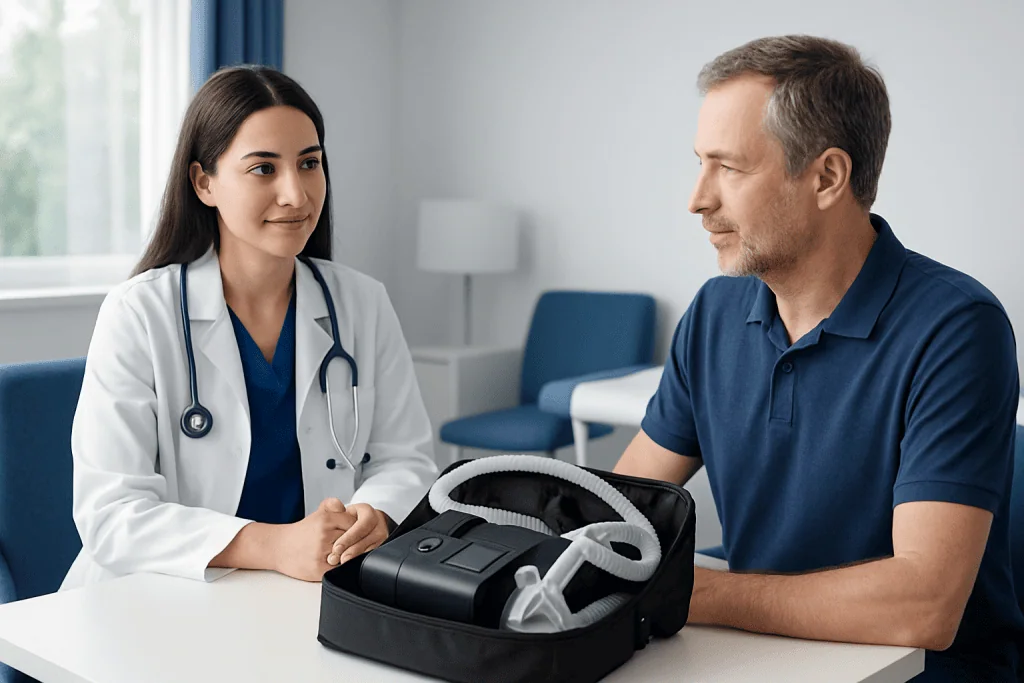 Doctor explaining CPAP machine to patient in clinic setting.