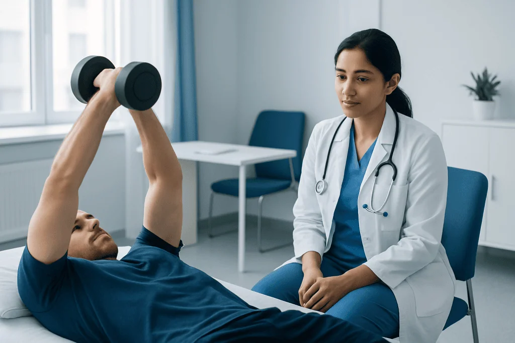 Patient performing dumbbell pullover exercise with medical professional observing.