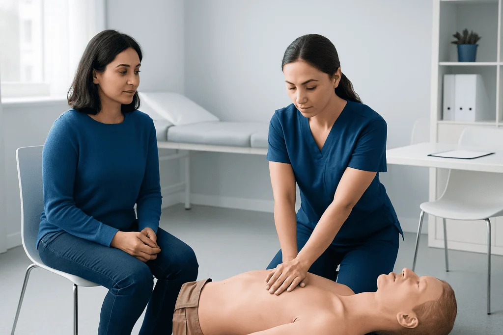Medical professional demonstrating CPR techniques on a patient in a clinical setting.