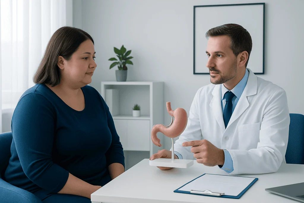 Doctor explaining gastric sleeve surgery to patient with stomach model.