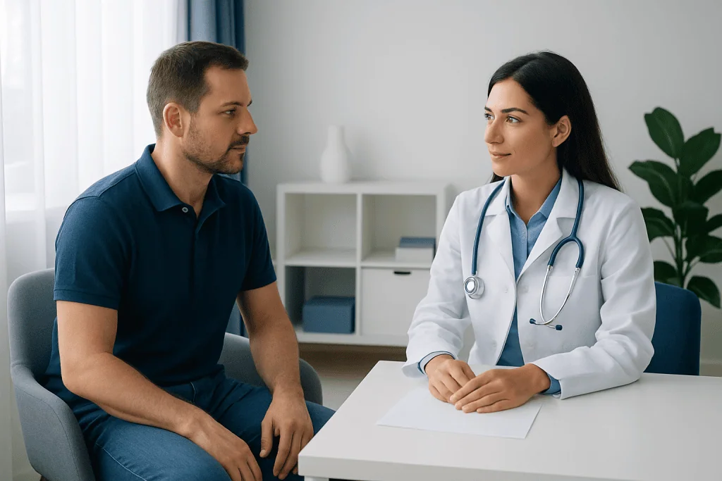 Doctor consulting patient in a modern medical office in Turkey.