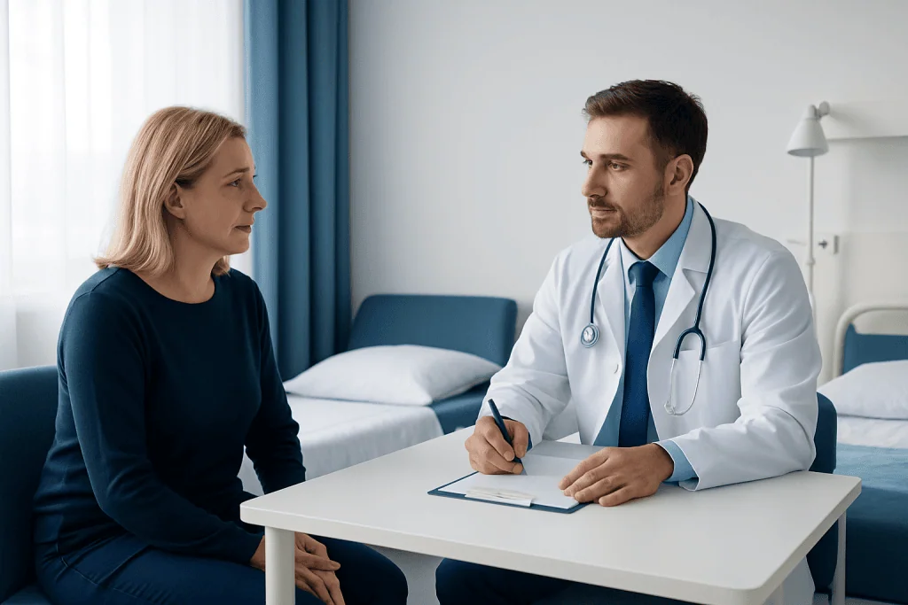 Doctor consulting a female patient in a hospital room.