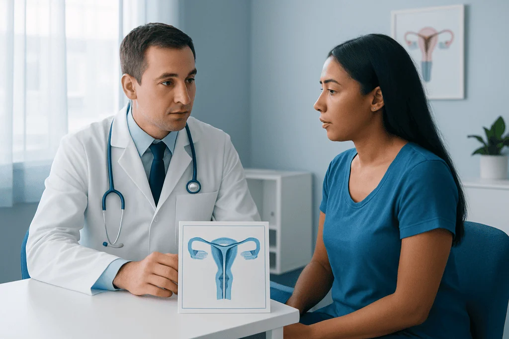 Doctor explaining hysterosalpingogram to patient in clinic.