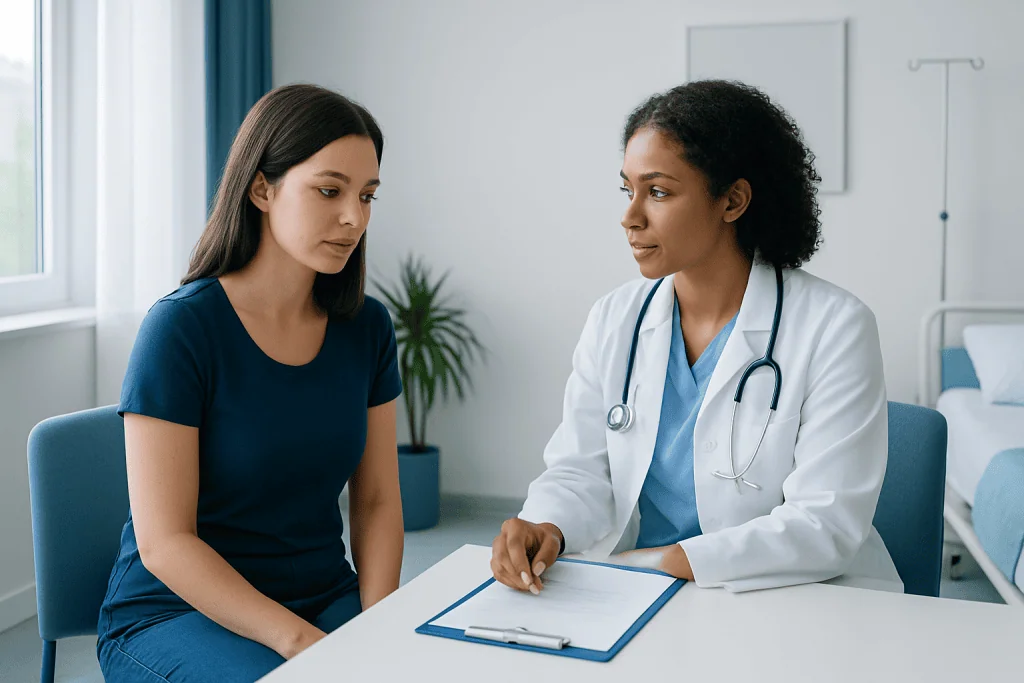 Doctor consulting with a patient in a medical office setting.