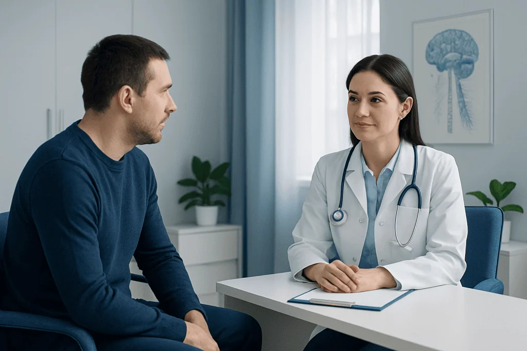 Doctor consulting with patient about neurological sleep evaluation.