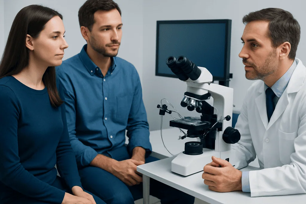 Doctor explaining fertility tests to a couple in a clinic setting.
