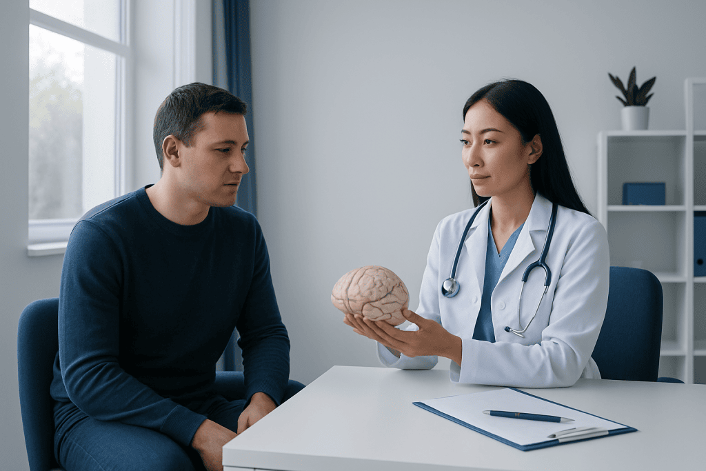Doctor explaining brain health to a patient during consultation at Acibadem Hospital.