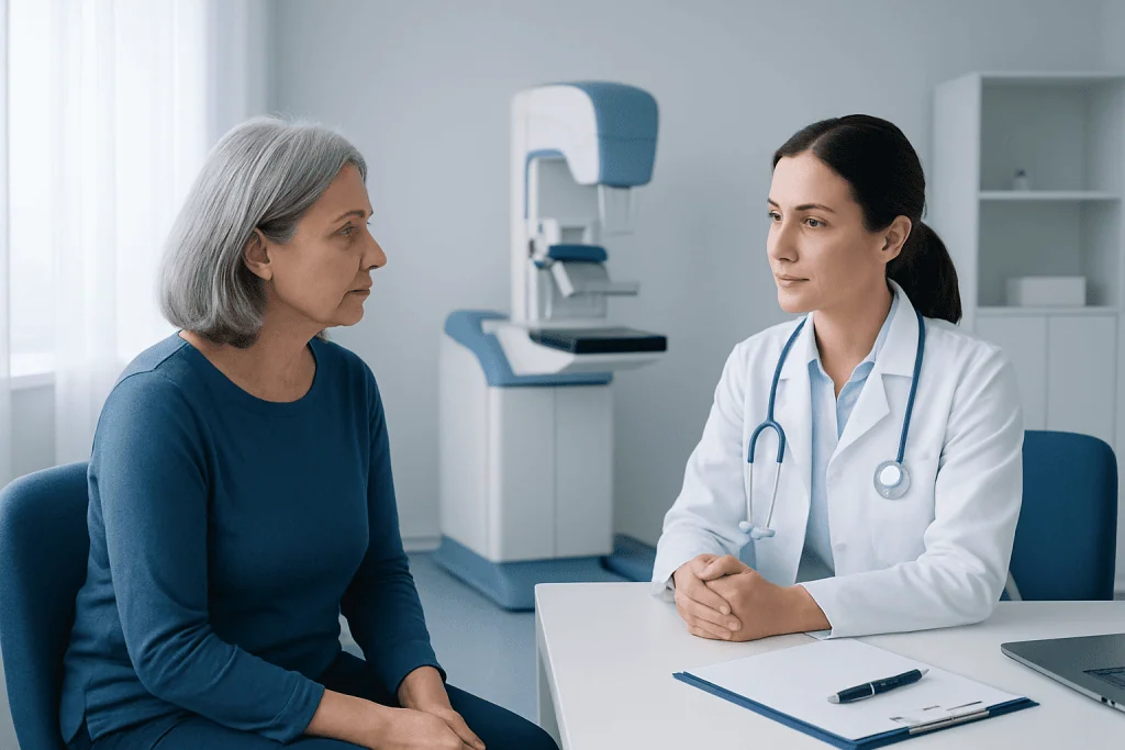 Doctor consulting with an older woman in a medical office setting.