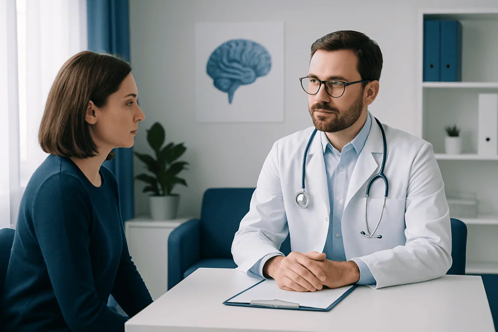 Neuroimmunologist consulting with a patient in a medical office.