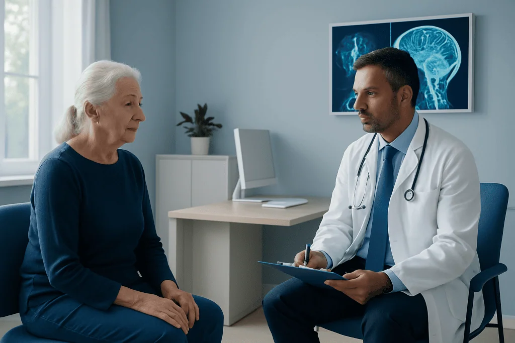 Doctor consulting with an elderly female patient in a medical office.