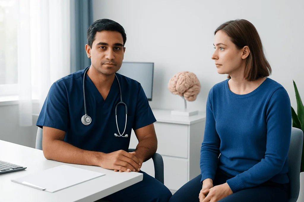 Doctor consulting a patient in a medical office with brain model in background.