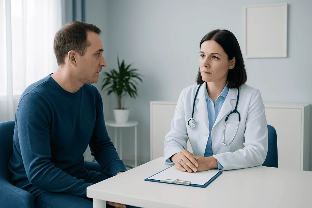 Doctor consulting with a patient in a modern medical office.