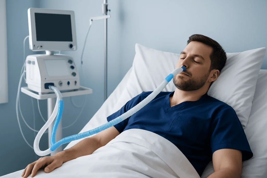 Patient using CPAP machine for sleep therapy at Acibadem Hospital in Turkey.