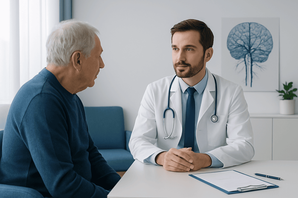 Vascular neurologist consulting with an elderly patient in a medical office.
