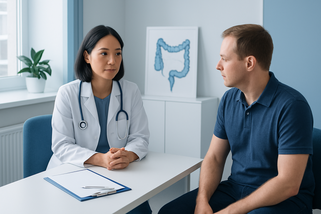 Doctor consulting patient about sigmoidoscopy procedure in clinic.