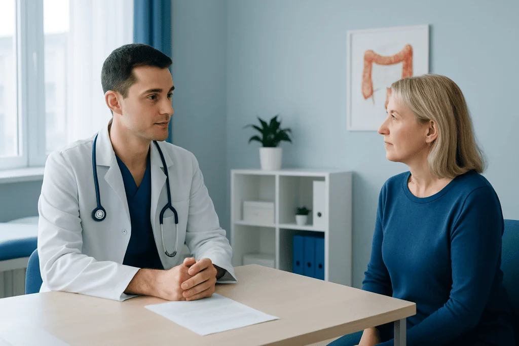 Doctor consulting with a female patient in a medical office.