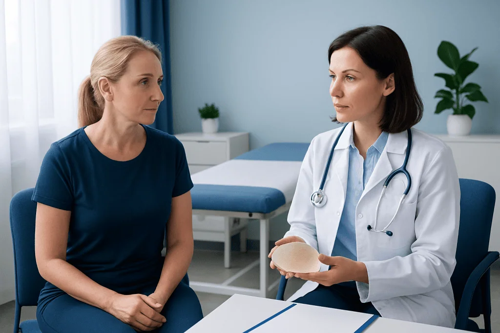 Doctor explaining breast reconstruction options to patient in clinic.