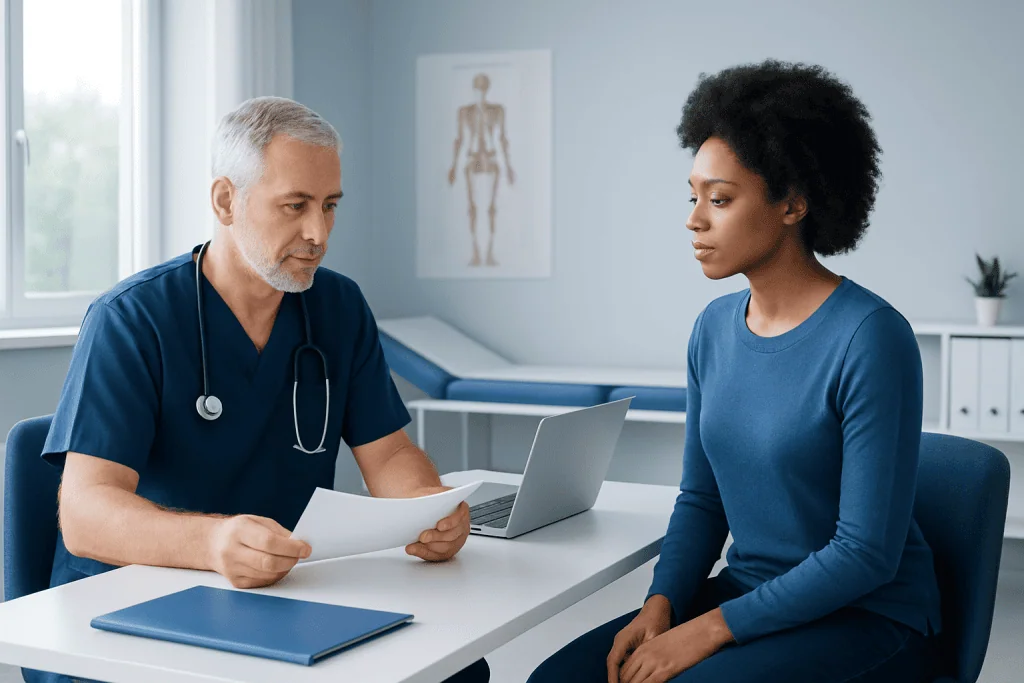 Doctor consulting with a patient in a medical office setting.