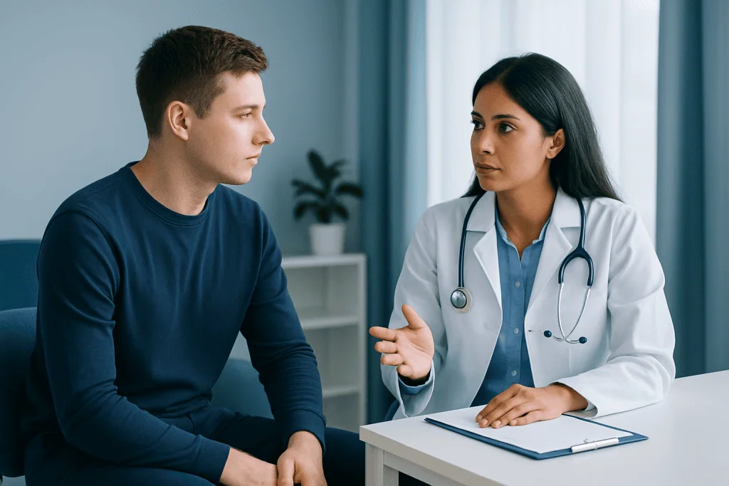 Doctor consulting with a young male patient in a medical office.