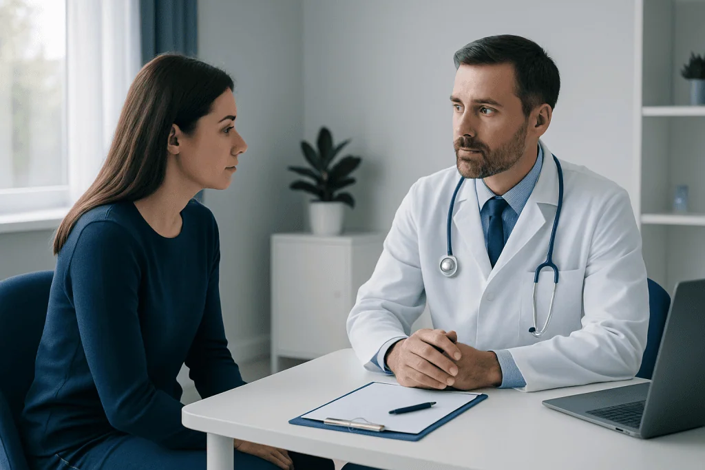 Doctor consulting a patient in a modern medical office in Turkey.