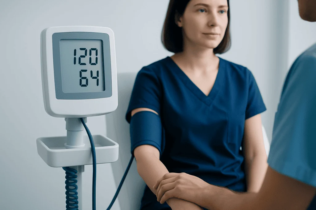 Blood pressure monitor displaying 120/64 reading in a medical setting.