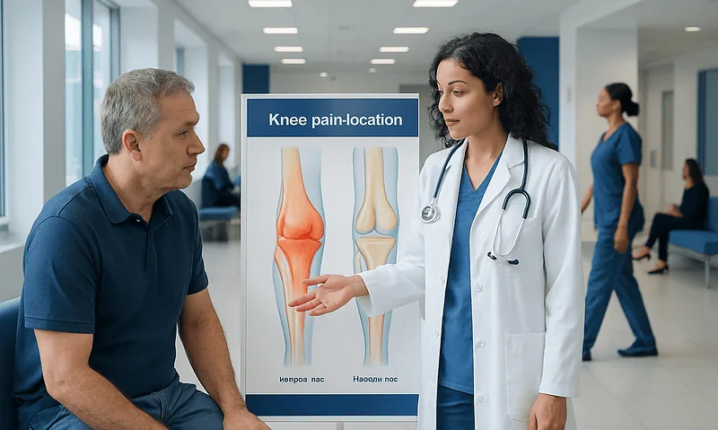 Doctor explaining knee pain location to patient in hospital corridor.